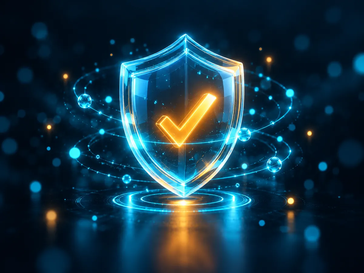 Escudo de cristal con un tilde ámbar, símbolo de privacidad y protección de datos