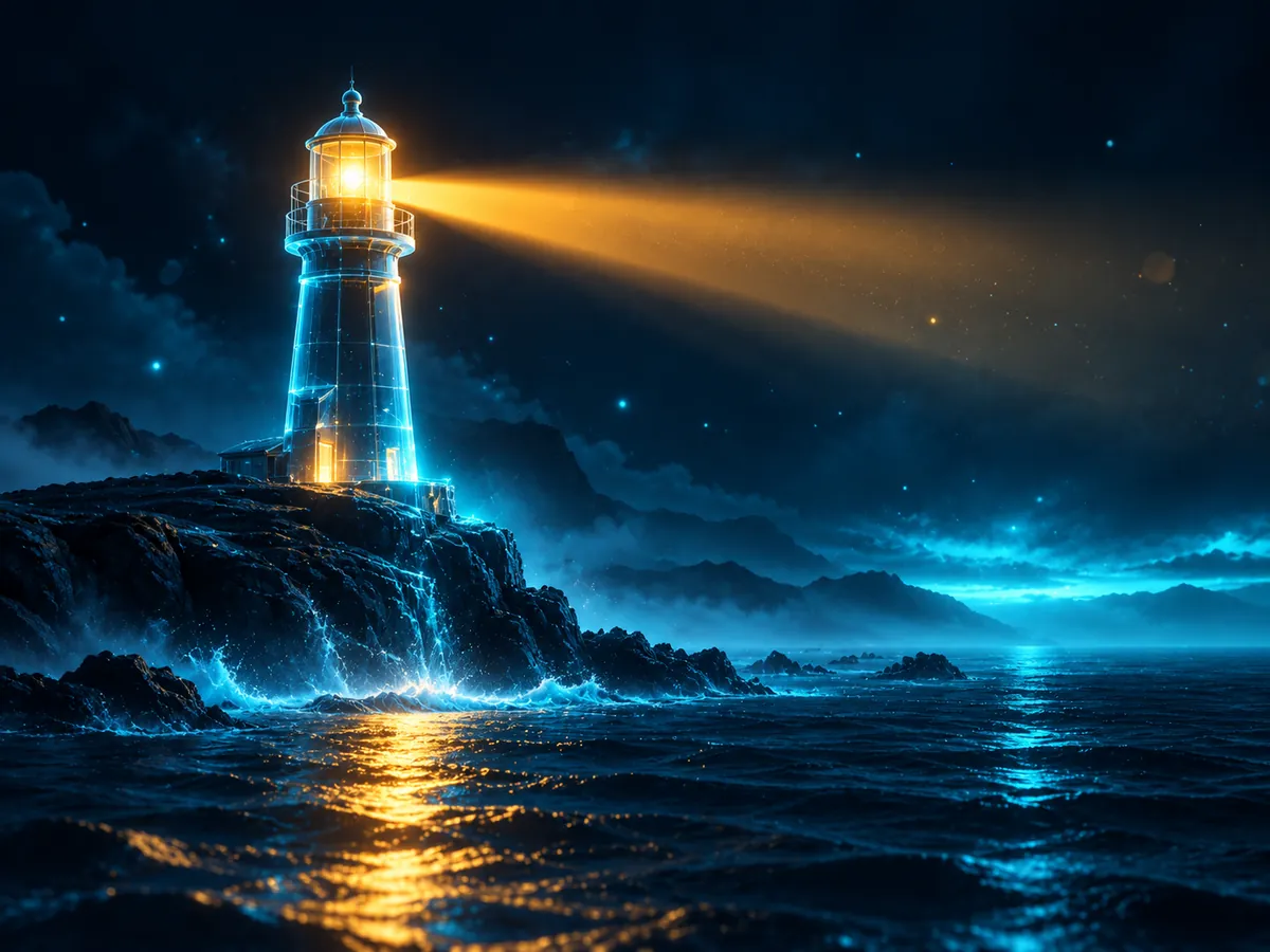 Faro de cristal sobre una roca frente al mar de noche, con un haz de luz ámbar